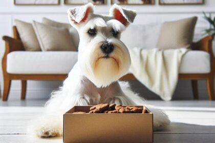 Білий цвергшнауцер біля коробки з домашнім печінковим печивом для собак