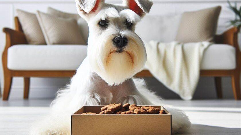 Білий цвергшнауцер біля коробки з домашнім печінковим печивом для собак