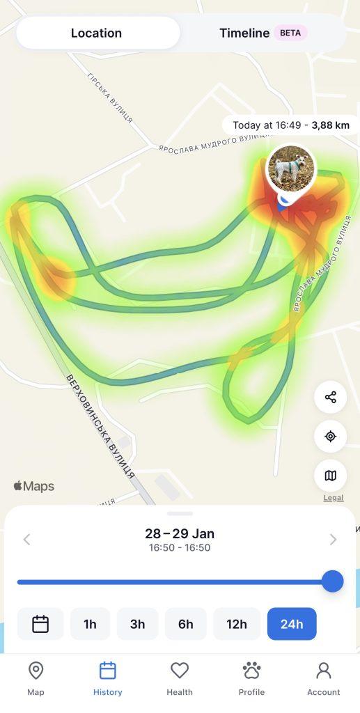 Мапа прогулянки собаки з Tractive DOG 6 
